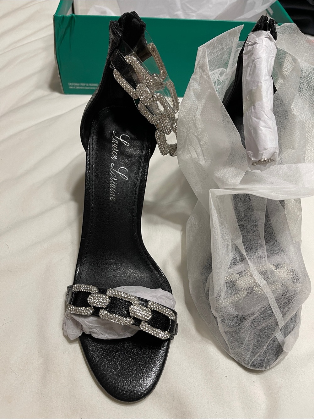 Lauren Lorraine Black Heeled Sandals with Crystal Chain Detail